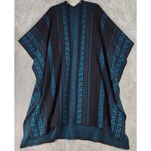 Womens Cape Coat One Size Black Blue Aztec Print Mexican Poncho Coatigan